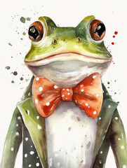 Green frog with a papillon. Watercolor illustration on white 