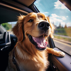 smiling golden retriever dog leaning out of the open window in the car Traveling by car.