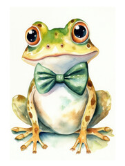 Cute green frog with a bow tie. Illustration in watercolor style