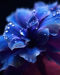 Blue and purple flower with dew drop extreme close-up. Botanical wallpaper. 
