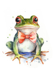 Watercolor illustration of a frog wearing a bow tie isolated on white. 