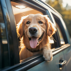 smiling golden retriever dog leaning out of the open window in the car Traveling by car.