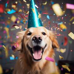 Happy cute golden retriever dog in a party hat celebrates his birthday with a sweet cake and a candle surrounded by falling confetti