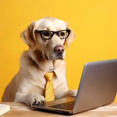 Cute golden retriever labrador dog looking at laptop wearing glasses on yellow background