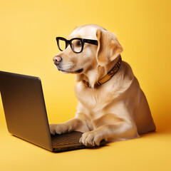Cute golden retriever labrador dog looking at laptop wearing glasses on yellow background