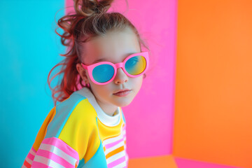 Stylish Little girl in big glasses from the 80s against geometric backdrop. Girl with funny glasses. Portrait of a young girl pulling funny faces with pink glasses on.