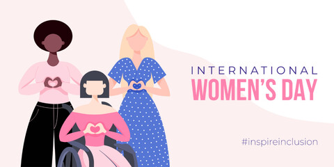 International Women's Day banner, poster. Inspire inclusion campaign. Group of women in different ethnicity, age, body type, abilities, hair color and more. Vector illustration in flat style.