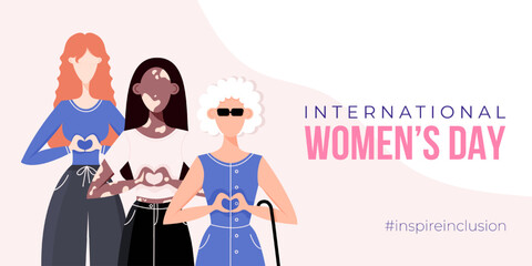 International Women's Day banner, poster. Inspire inclusion campaign. Group of women in different ethnicity, age, body type, abilities, hair color and more. Vector illustration in flat style.