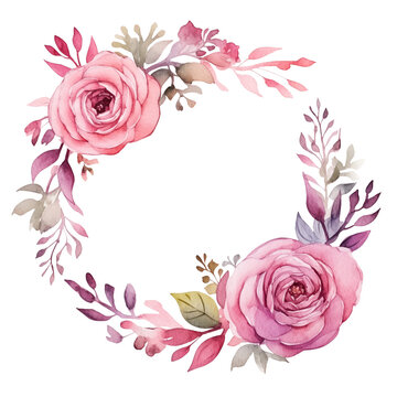 Round Wreaths, floral frames, watercolor flowers, transparent background, pink roses, Illustration Perfectly for greeting card design, wedding stationery invitation