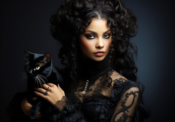 Beautiful woman with long curly hair and a black cat. Woman's Day. AI generated