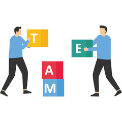 Business concept. men and women who arrange the boxes that say team. Flat design style vector illustration. Teamwork symbol, cooperation, partnership vector

