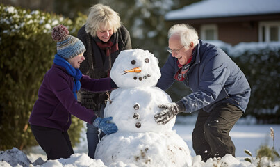 Grandparents building a snowman with a child. Intergenerational bonding, family time, winter holiday activity 