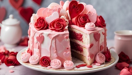  Valentine's Day cake with Red and Pink Rose Wedding cake. Birthday cake. Valentine's Day cake, cake,