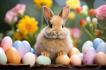 Fototapeta na wymiar Cheerful Easter Bunny with Colorful Eggs