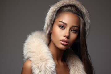 Portrait Beautiful Model in Faux Fur-Trimmed Coat