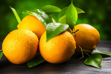 Fresh yellow oranges with green leaves , generative ai