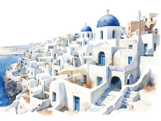 Greek island town watercolor travel postcard