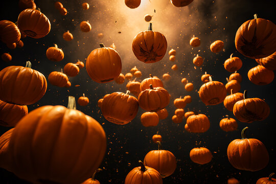 Falling and flying  Whole pumpkins, fairy taile , generative ai