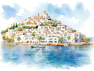 Watercolor illustration of a view of Ibiza and the mediterranean sea 