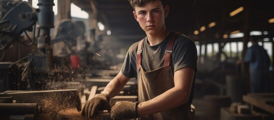 Teenage boy at sawmill handling freshly cut wood, wearing protective gloves. - Powered by Adobe