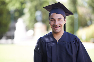 Happy man, portrait and outdoor graduation for education, learning or qualification in career...