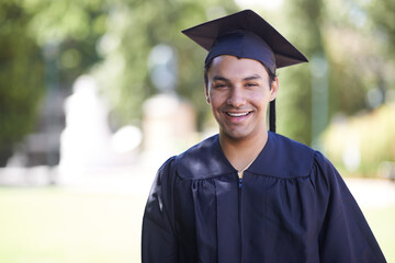 Happy man, portrait and outdoor graduation for education, learning or qualification in career ambition. Male person, student or graduate smile for higher certificate, diploma or degree in nature