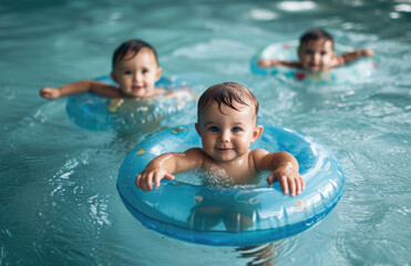 Fototapeta na wymiar babies swimming on a inflatable ring at the pool