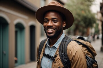Portrait of black man tourist in city.
