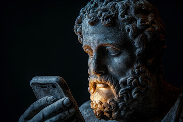 Beautiful ancient Greek god sculpture using a modern phone. with phone screen light on his face,...