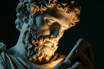 Beautiful ancient Greek god sculpture using a modern phone. with phone screen light on his face,...