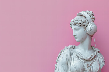 Naklejka premium Beautiful ancient Greek godess sculpture using a modern headphones. pop art style. pastel pink background with copy space