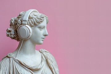 Beautiful ancient Greek godess sculpture using a modern headphones. pop art style. pastel pink background with copy space