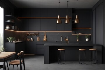 black modern kitchen interior with golden lamp