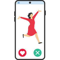 Online dating service application. smartphone with a profile of a young woman. Modern youth looking for a partner. Social media concept, virtual relationship communication.

