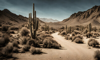 Wild West journey: Dusty road winds through arid land - obrazy, fototapety, plakaty