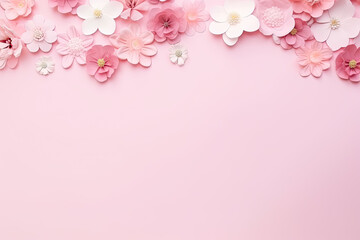 Fototapeta na wymiar Banner with flowers on light pink background