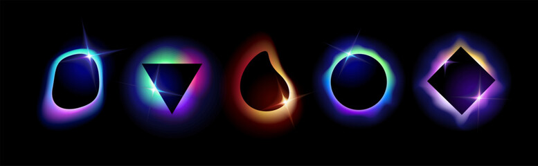 A set of shapes with blurred neon gradients, glowing geometric shapes with a holographic light blur effect on a black background. Trendy bright futuristic colorful with smooth gradient