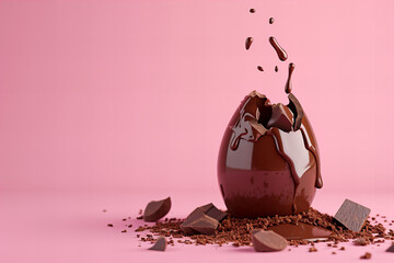 Chocolate melting egg with melted chocolate splash . Isolated on pink background