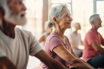 Elderly woman and man sit in the lotus position meditating in a yoga studio. Mental and spiritual health development at any age - obrazy, fototapety, plakaty