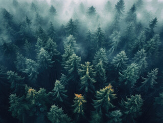 Foggy and misty wood of evergreen trees. Dramatic and moody forest background. Aerial view.
