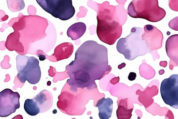 Pink and violet spots on white. Abstract paint stains and ink spots background. Watercolor seamless pattern
