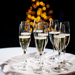 A festive arrangement of champagne flutes filled with sparkling wine