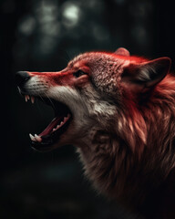 Profile head portrait of a red wild wolf howling fiercely. Wildlife dramatic illustration 