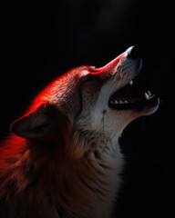 Portrait of a wild wolf with a red fur howling on a black background. Profile view, dramatic colors. 