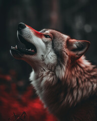 Red fur wolf howling. Wildlife dramatic portrait. 