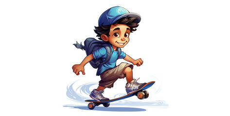 skater boy cartoon style isolated on white background, child with skateboard