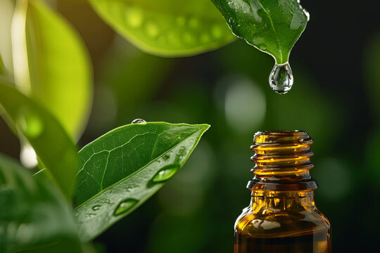 Essential oil, serum or water dropping from fresh green plant leaf to the cosmetic bottle or jar . close up