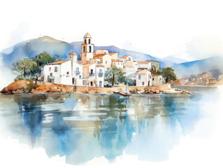 Watercolor illustration of a small marine town in Sardinia, Italy, facing the mediterranean sea.  - obrazy, fototapety, plakaty