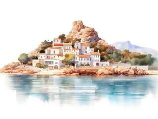 Watercolor illustration of a coastal town in Sardinia, Italy, build on a rocky beach facing the mediterranean sea