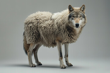 wolf in sheep's clothing isolated on grey studio background with copy space - obrazy, fototapety, plakaty